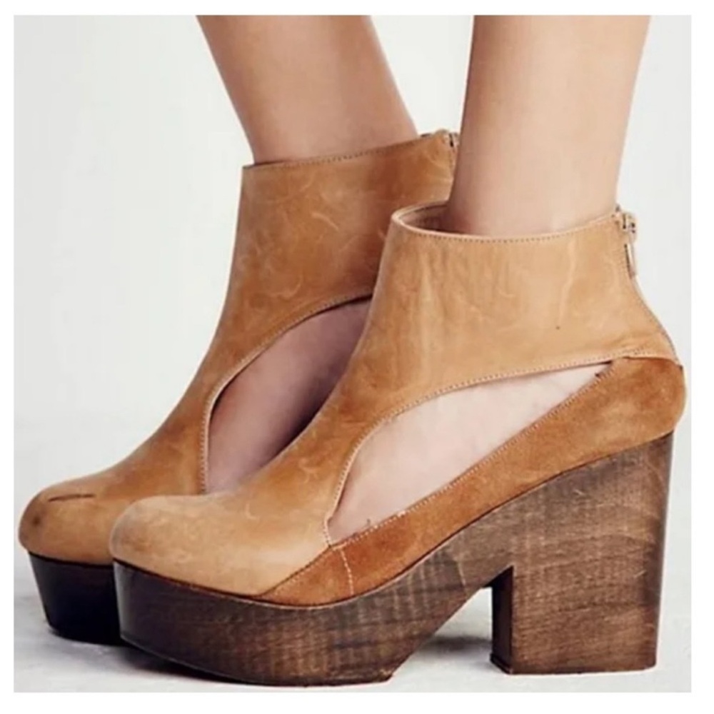 Free People New Horizons Wood Leather Suede Cutout Heeled Clog 9.5